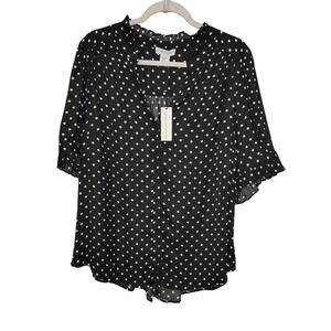 New Cupcakes & Cashmere Womens 2X Top Plus Size Black Polka Dot Blouse Hi Lo